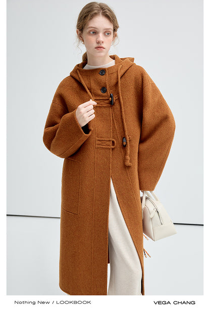 Wool-Silk Blend Hooded Double-Faced Coat