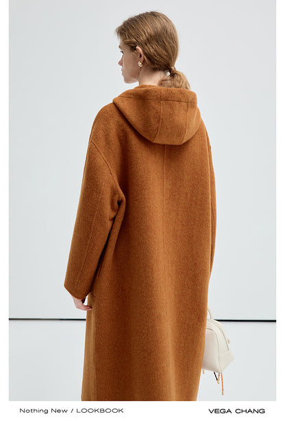 Wool-Silk Blend Hooded Double-Faced Coat