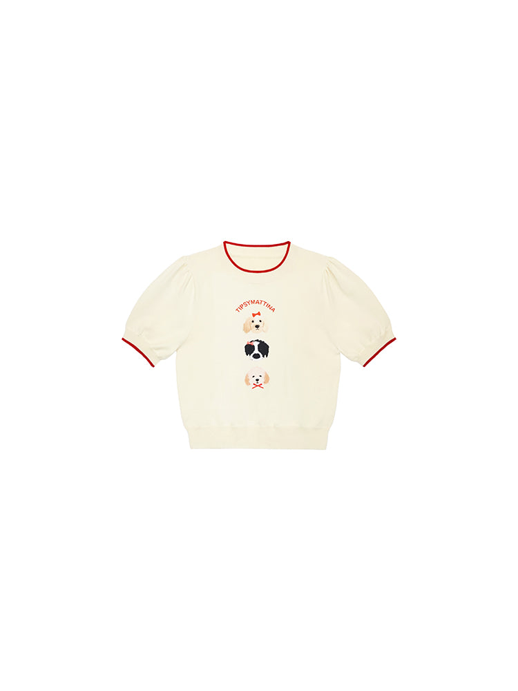 Dog Motif Puff-Sleeve Knit Top