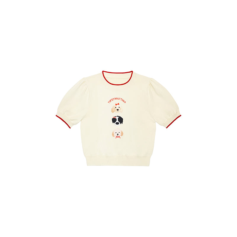 Dog Motif Puff-Sleeve Knit Top