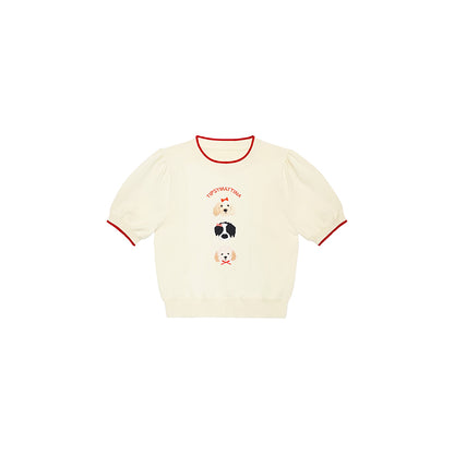 Dog Motif Puff-Sleeve Knit Top