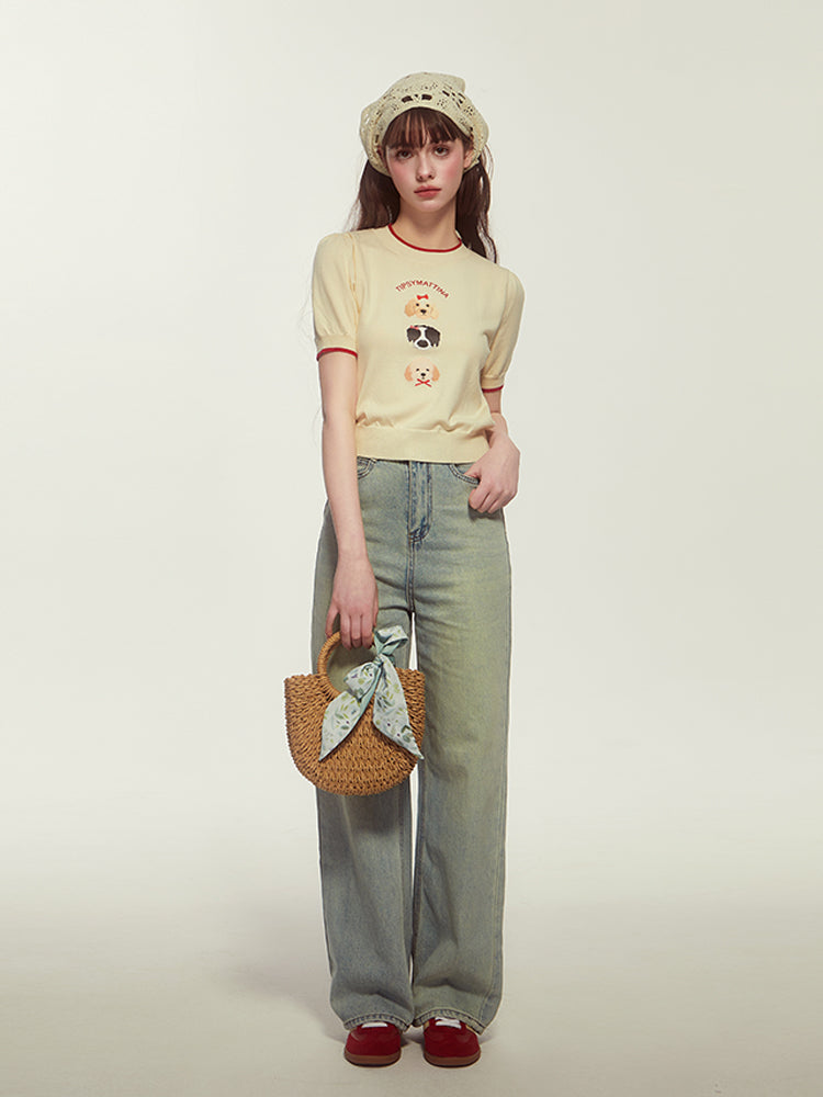 Dog Motif Puff-Sleeve Knit Top