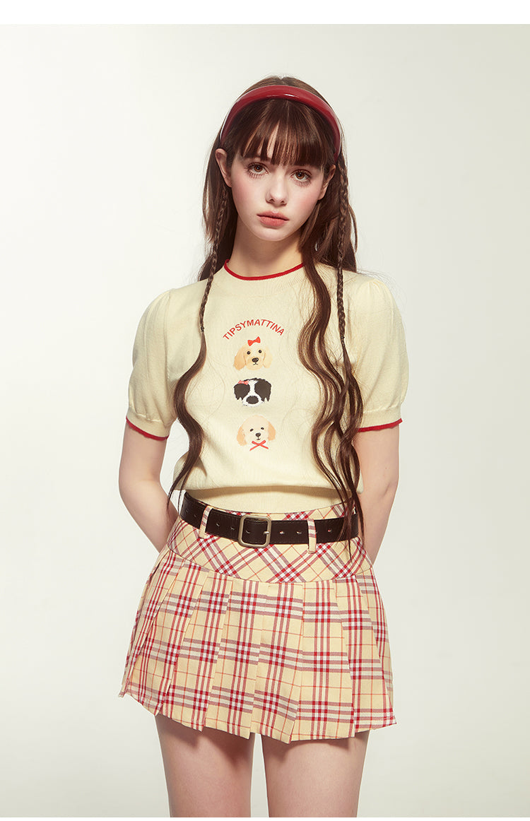 Dog Motif Puff-Sleeve Knit Top