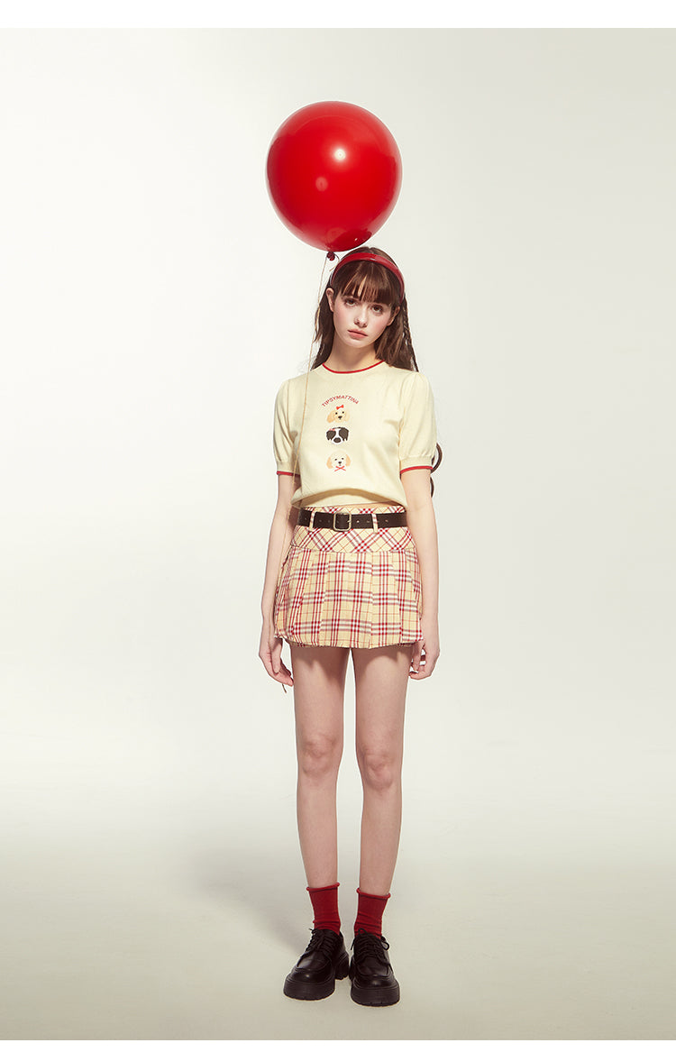 Dog Motif Puff-Sleeve Knit Top