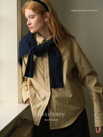 Roll Neck Striped Shirt With Hidden Buttons