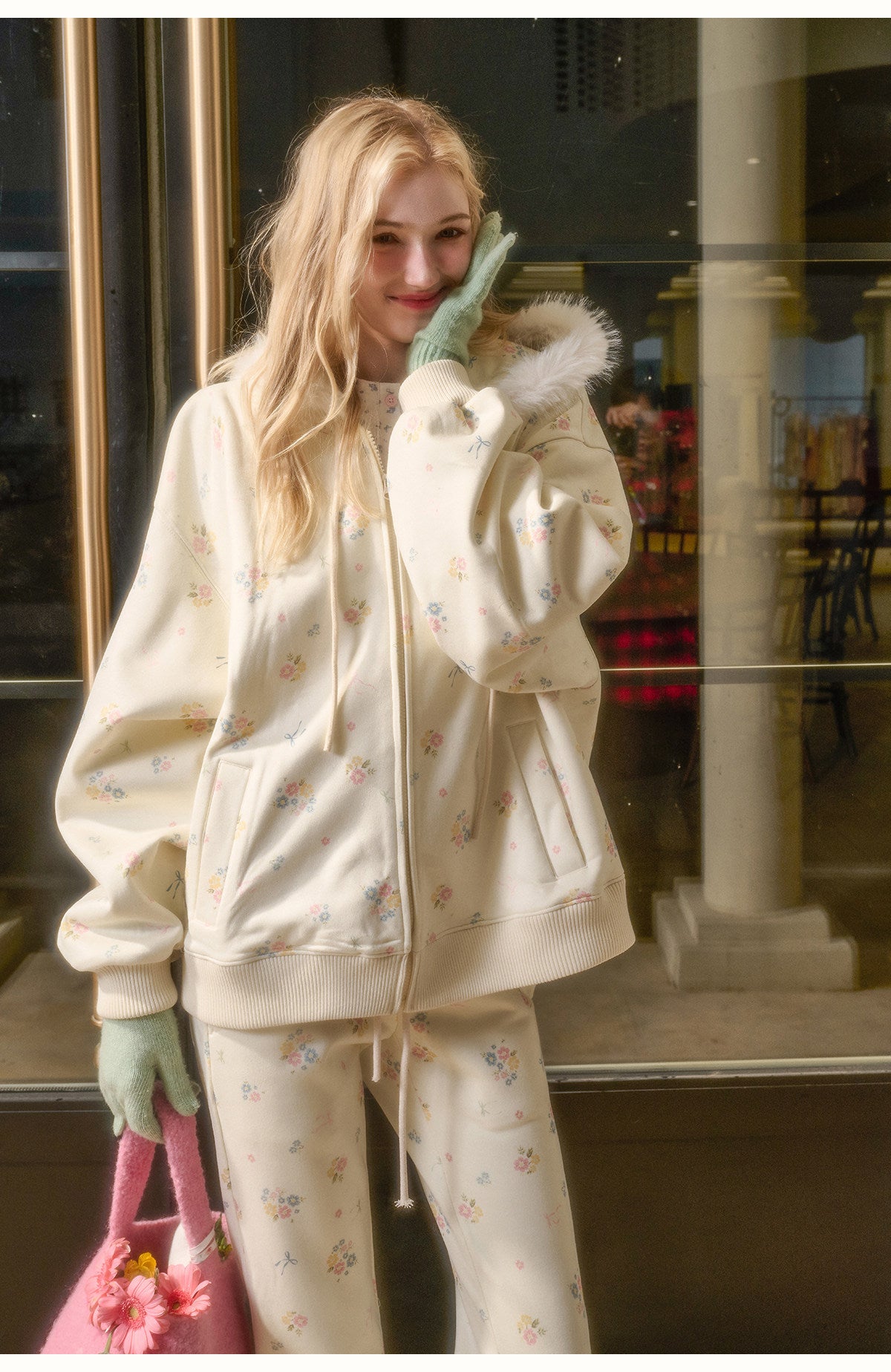 Floral Zip-Up Hoodie with Two Fit Options & Pants