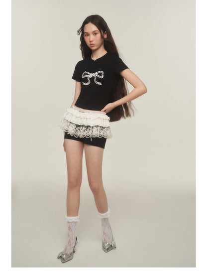 Shorts With Ruffled Lace Overlay Detail