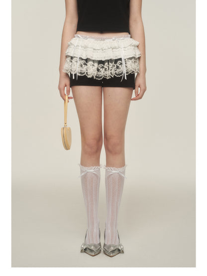Shorts With Ruffled Lace Overlay Detail