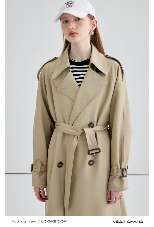 Mid-Length Belted Trench Coat With Striped Lining