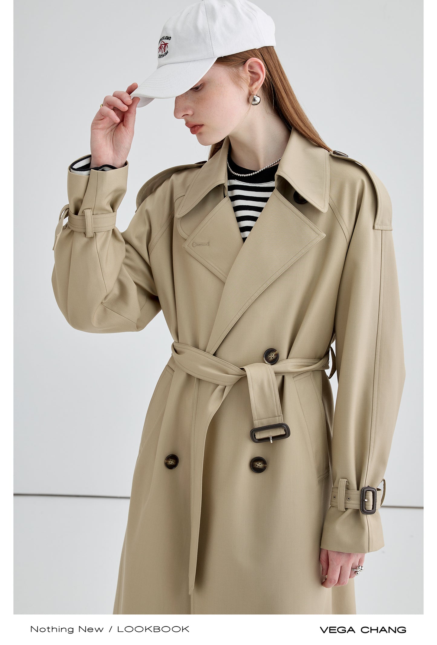 Mid-Length Belted Trench Coat With Striped Lining