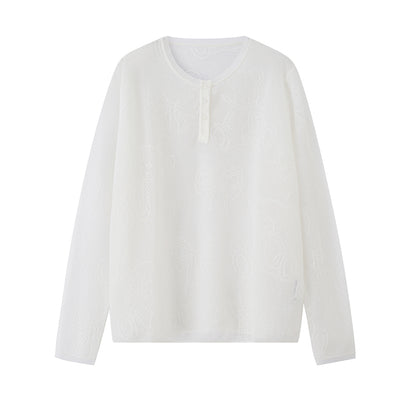 Henley Neck Sheer Mesh Top With Cute Motifs