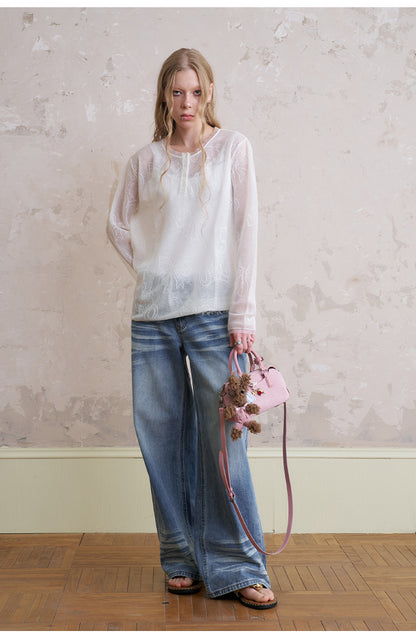 Henley Neck Sheer Mesh Top With Cute Motifs