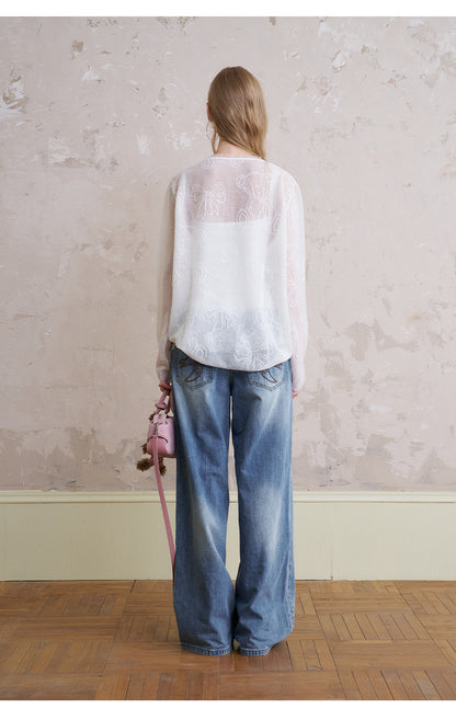 Henley Neck Sheer Mesh Top With Cute Motifs