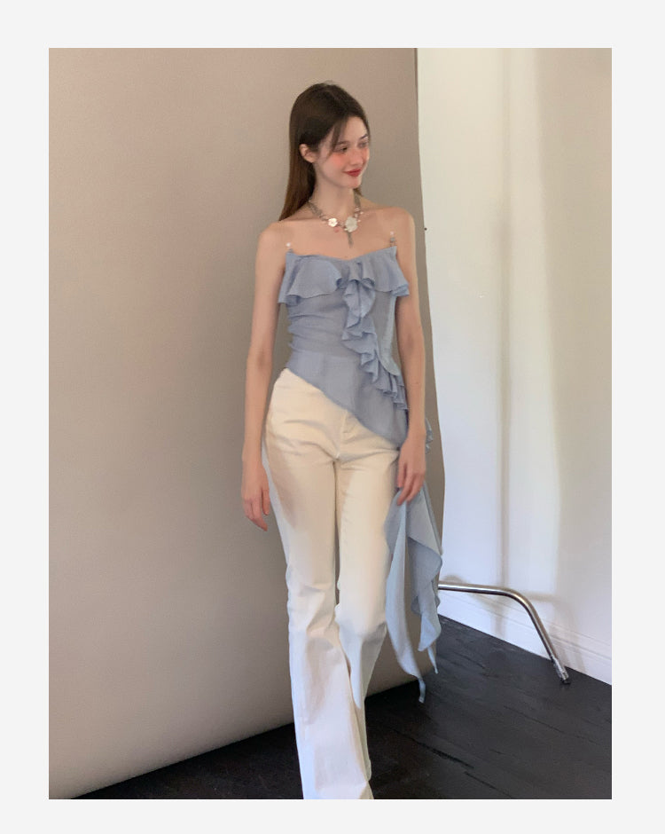 Asymmetrical Beaded Strap Ruffled Top
