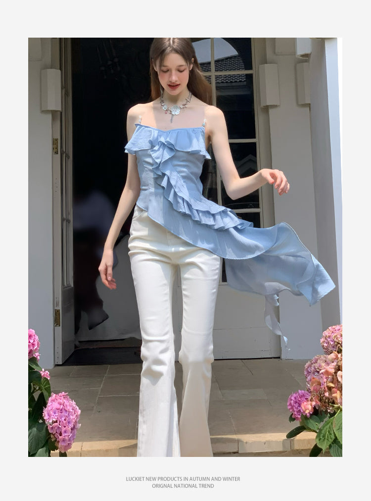 Asymmetrical Beaded Strap Ruffled Top