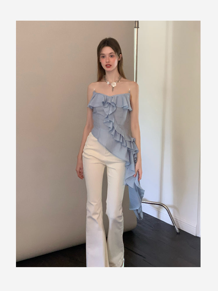 Asymmetrical Beaded Strap Ruffled Top