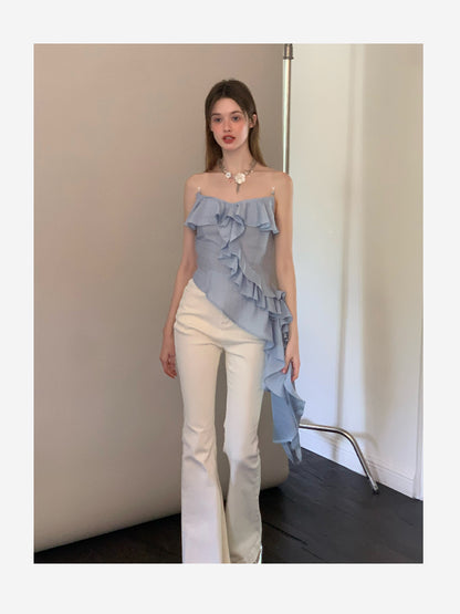Asymmetrical Beaded Strap Ruffled Top