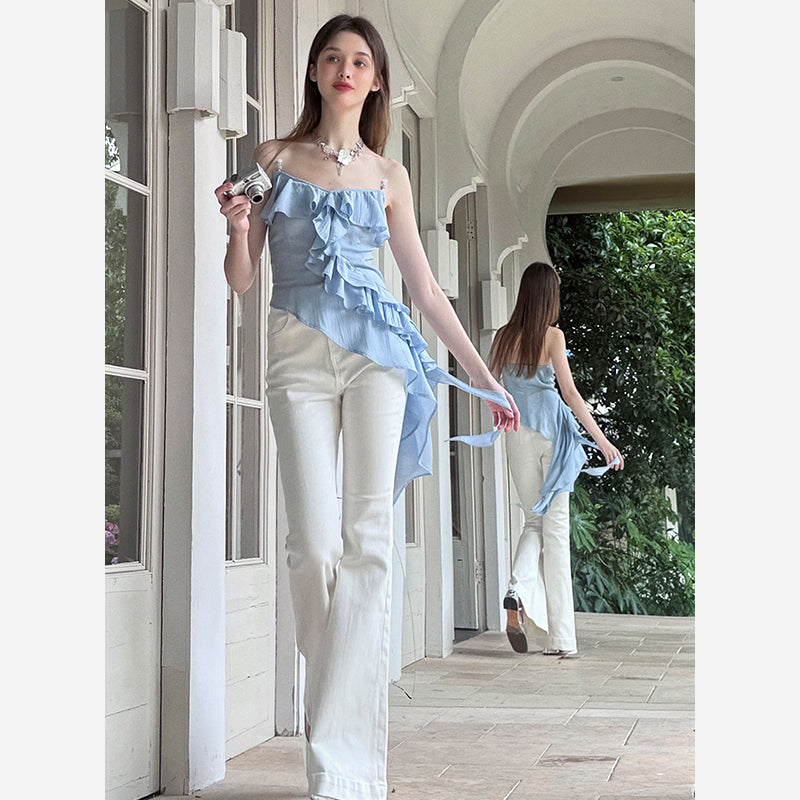 Asymmetrical Beaded Strap Ruffled Top