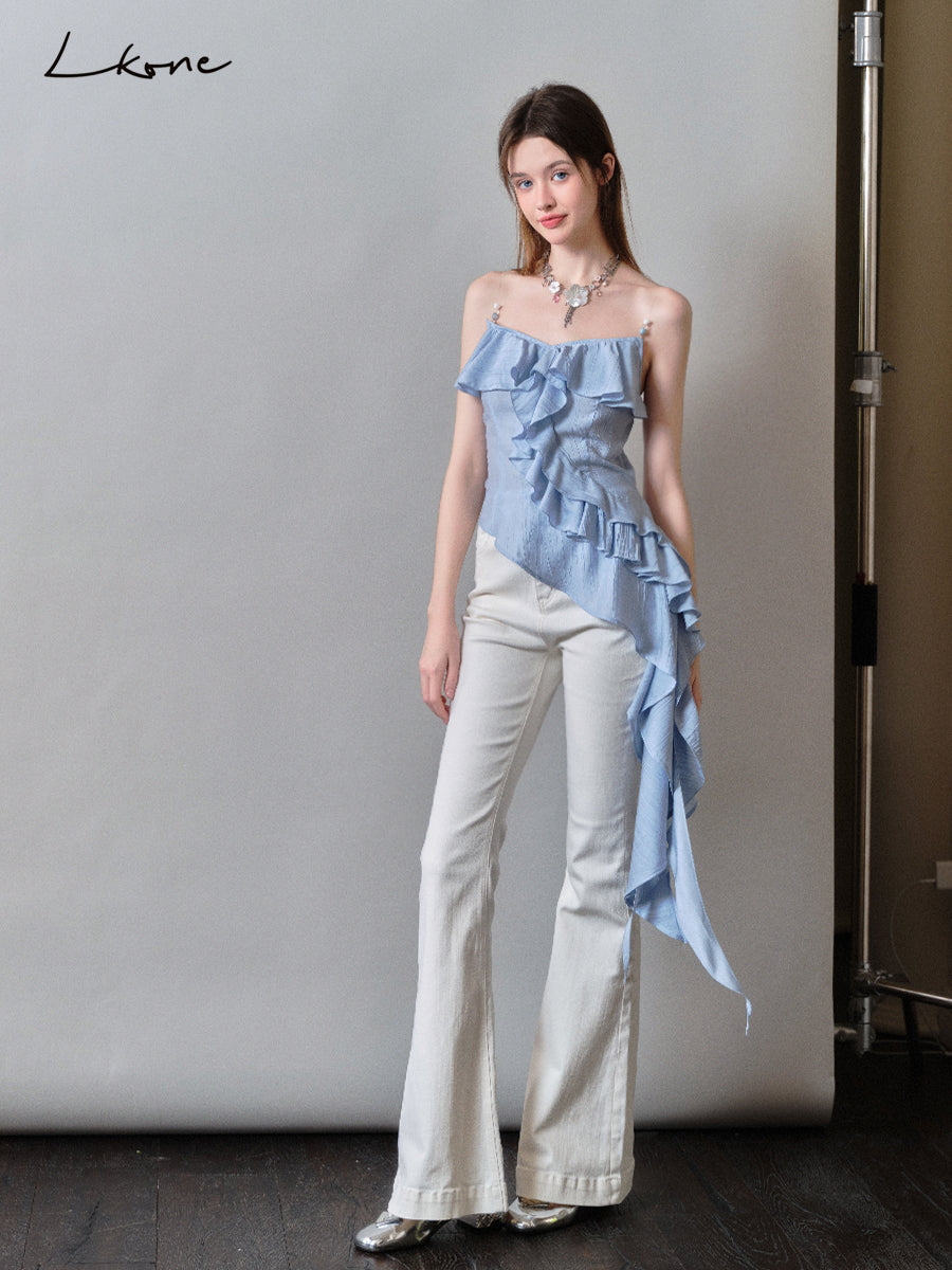 Asymmetrical Beaded Strap Ruffled Top