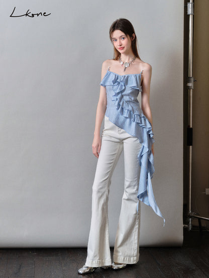 Asymmetrical Beaded Strap Ruffled Top