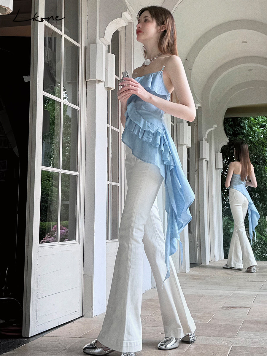 Asymmetrical Beaded Strap Ruffled Top