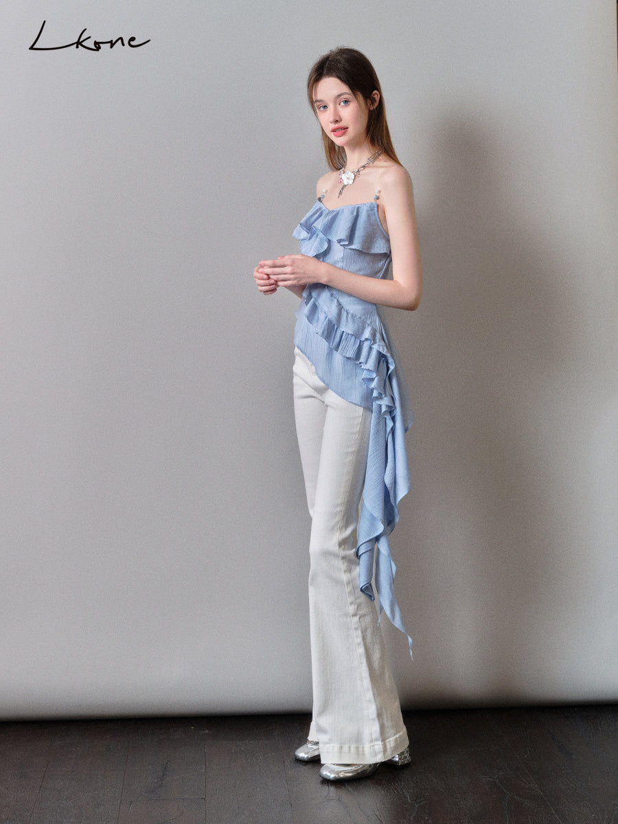 Asymmetrical Beaded Strap Ruffled Top