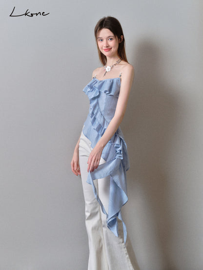 Asymmetrical Beaded Strap Ruffled Top