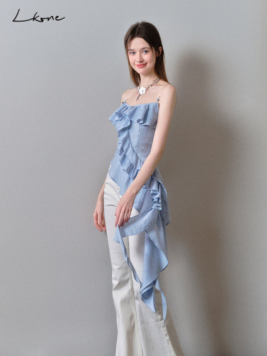 Asymmetrical Beaded Strap Ruffled Top
