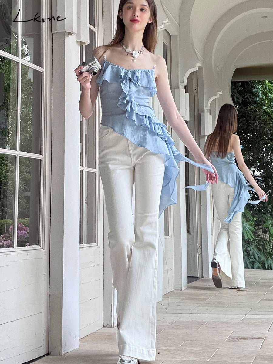 Asymmetrical Beaded Strap Ruffled Top