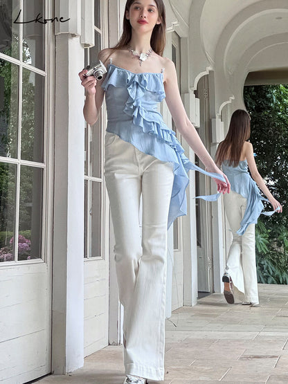 Asymmetrical Beaded Strap Ruffled Top