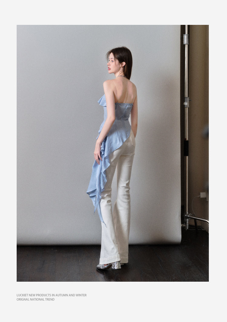 Asymmetrical Beaded Strap Ruffled Top