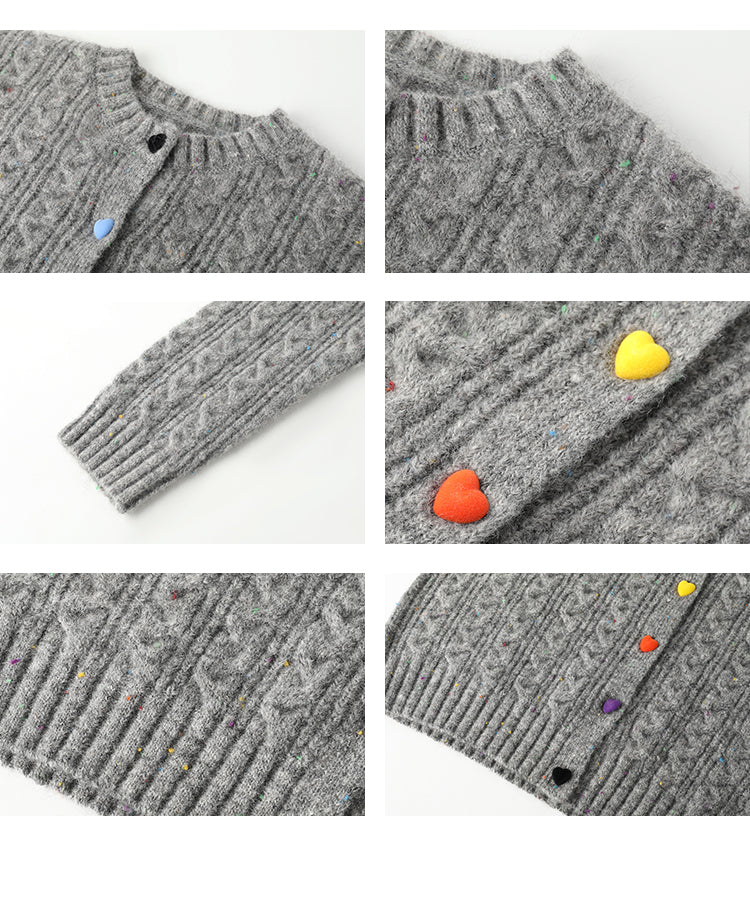 Heart Button Melange Cable Knit Cardigan