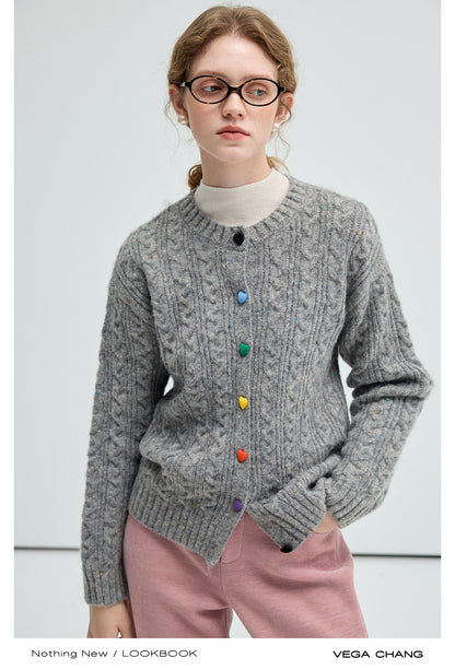 Heart Button Melange Cable Knit Cardigan