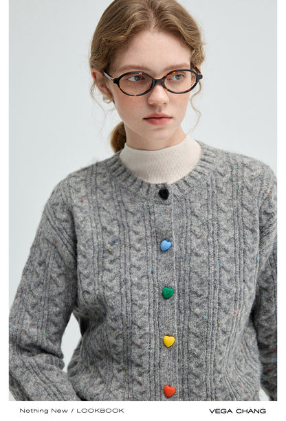 Heart Button Melange Cable Knit Cardigan