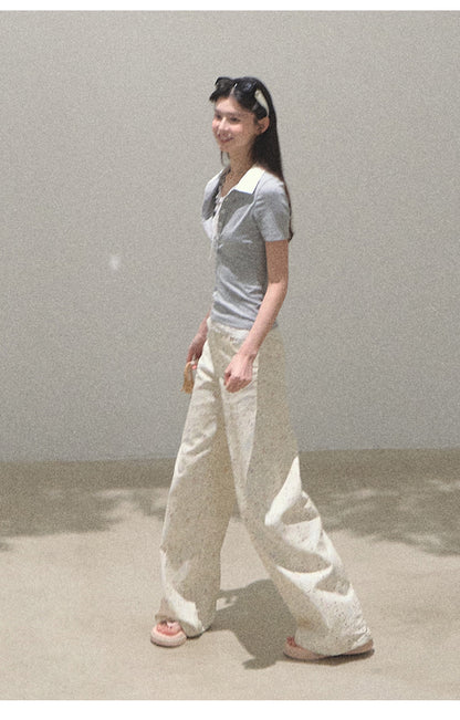 Denim Pants With Pear Illustrations
