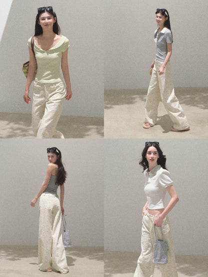 Denim Pants With Pear Illustrations