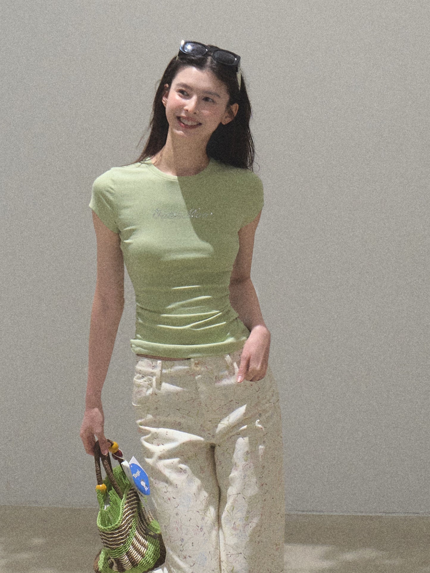 Denim Pants With Pear Illustrations