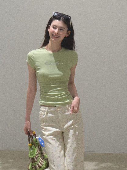 Denim Pants With Pear Illustrations