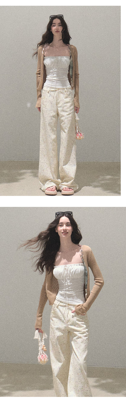 Denim Pants With Pear Illustrations