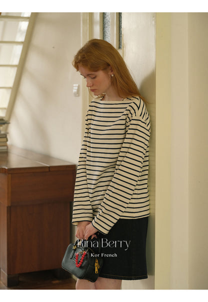 Striped Cotton Straight Neck T-Shirt