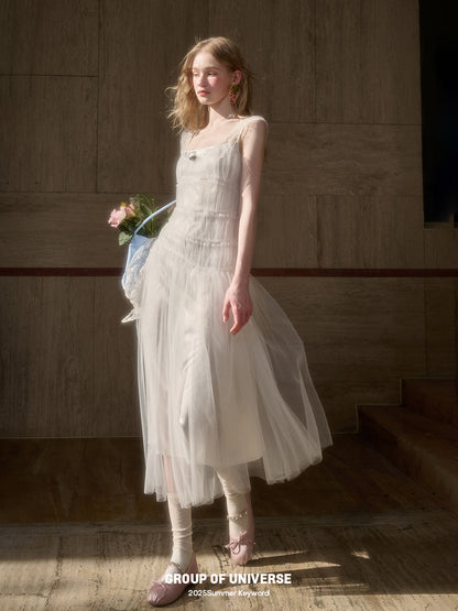 Asymmetric Sheer Tulle Double Mesh Dress