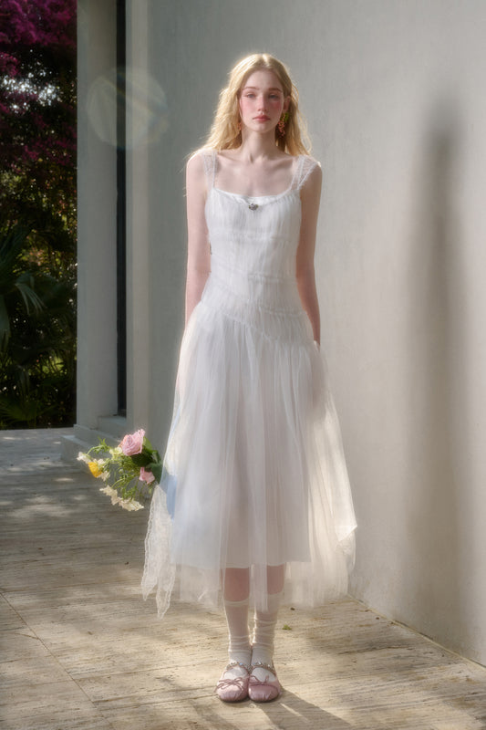 Asymmetric Sheer Tulle Double Mesh Dress