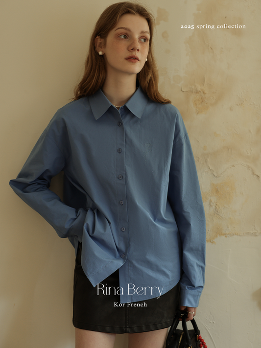 Rose-Embroidered Classic Button-Up Shirt