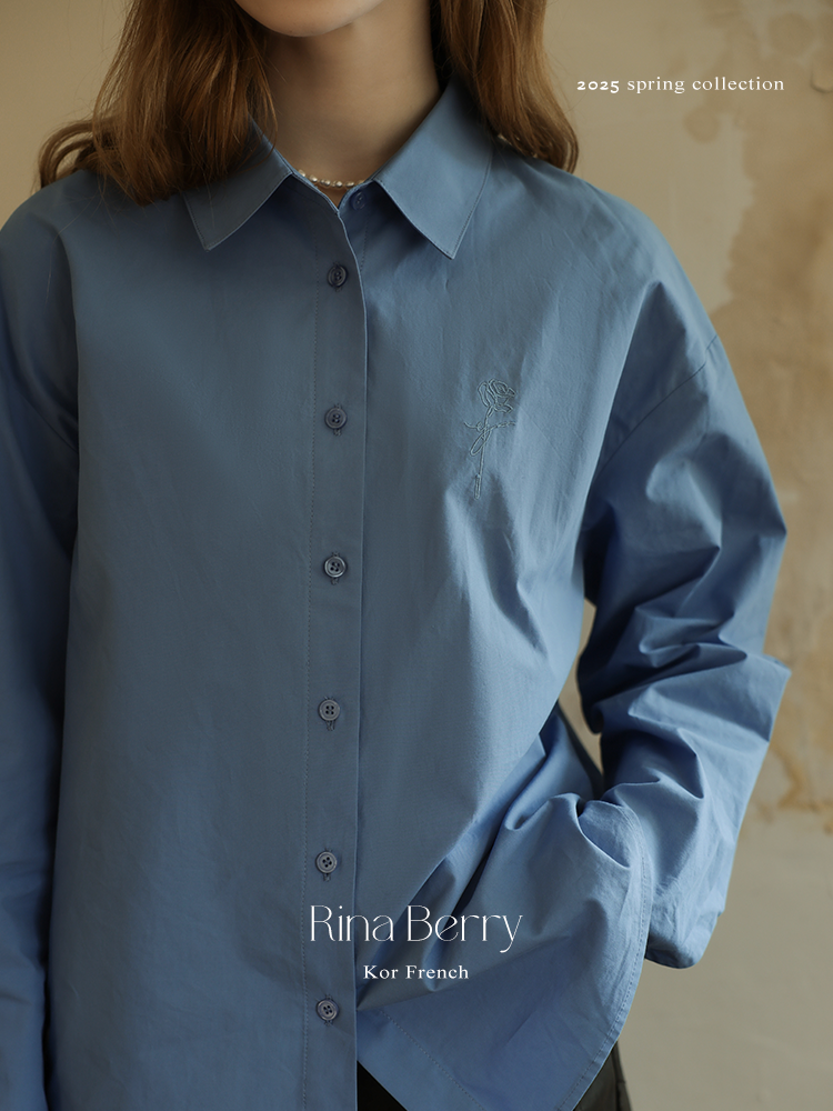 Rose-Embroidered Classic Button-Up Shirt
