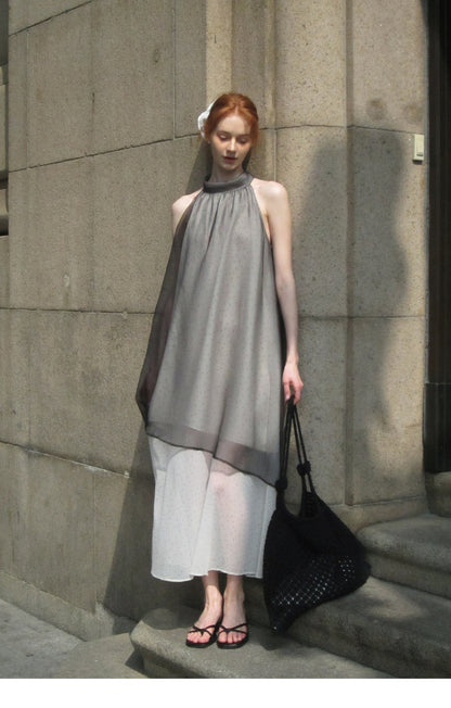 Airy Dotted Sleeveless Dress With Sheer Layers