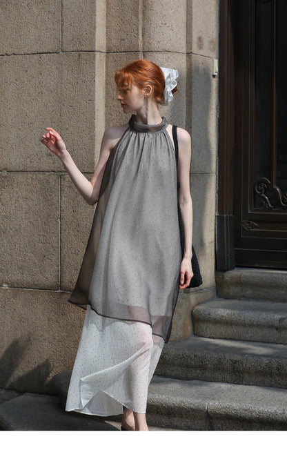 Airy Dotted Sleeveless Dress With Sheer Layers