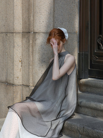 Airy Dotted Sleeveless Dress With Sheer Layers