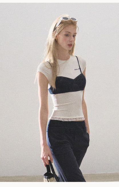 Fitted Cap-Sleeve T-Shirt With Lace Detail