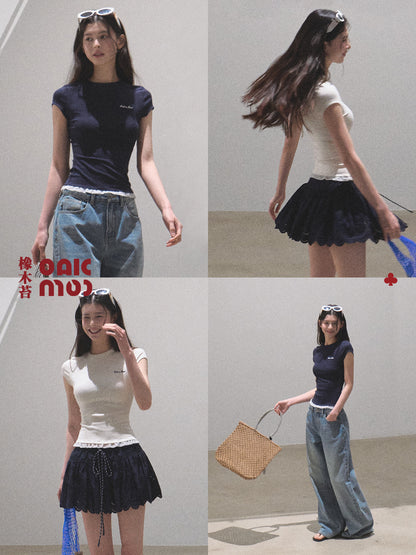 Fitted Cap-Sleeve T-Shirt With Lace Detail