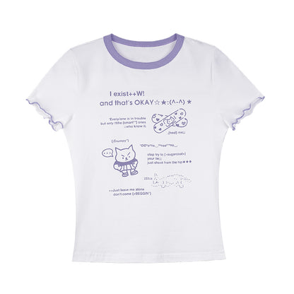 Kawaii Graphic Tee With Ribbon-Tied Cutout Back
